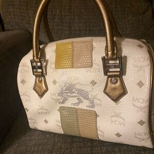 MCM White and Gold Visetos Handbag